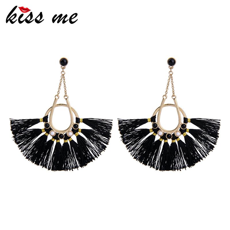

KISS ME Fan Shape Dangling Hot Pink & Black Tassel Earrings Fashion Jewelry Ethnic Big Earrings for Women