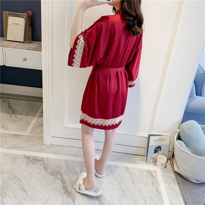 

Silk Kimono Bathrobe For Women Bride Bridesmaid Wedding Robe Set Sexy Lace Trim Sleepwear Casual Home Clothes Nightwear1, Green