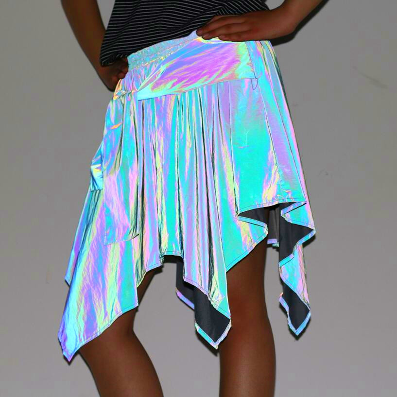 

2021 Female Irregular Colorful Reflective Bandage Sexy Skirt Plissate Vintage Black Night Reflect Jupe Light 51l3