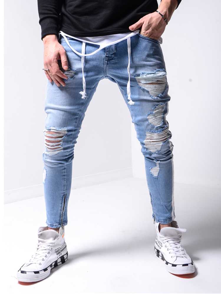 

Men Pencil Pants Slim fit Knee Holes hip hop skinny jeans fashion Side white stripe Distressed Ripped Stretch Streetwear Denim, Blue