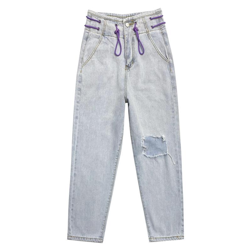 

Fashion Hole Jeans Women Summer Jeans Vintage Washed Loose High Waist Pants Casual Drawstring Female Harem Pants, Sky blue