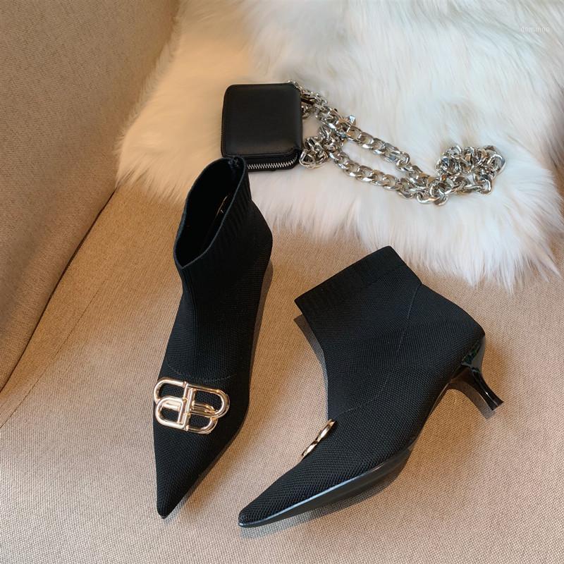 

Stretch Skinny Socks Boots Winter Pointed Toe Stiletto High Heel Black Beige Ankle Boot Female Metal Buckle Low Heel Single Shoe1