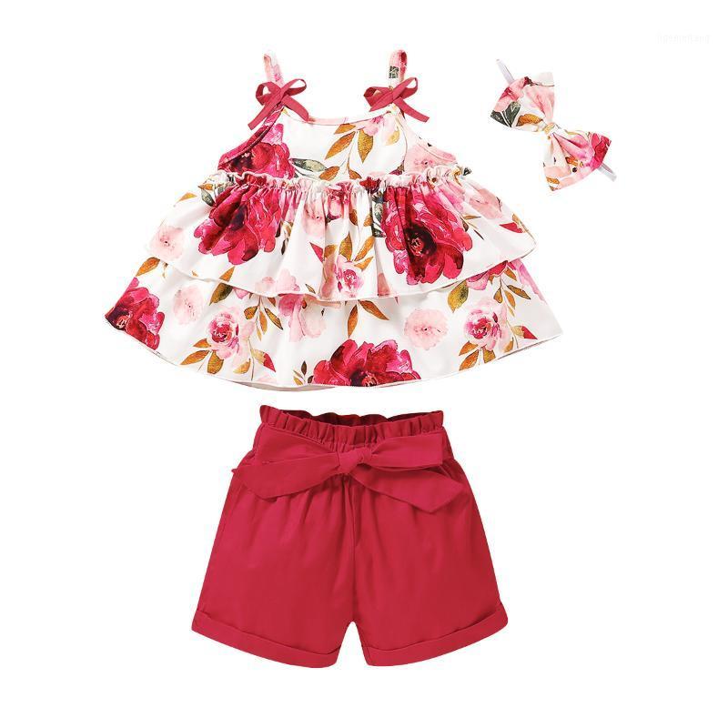 

Kids Girl Clothes Floral Print Sleeveless T Shirt Solid Color Pants Bowknot Headband Outfits Summer Flower Outfits 20201, As pic