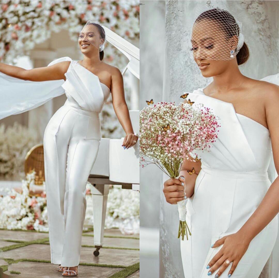 

Elegant One Shoulder Prom Dresses Plus Size Satin Ruched Jumpsuits Custom Made Pant Suit Wpmen Photo Shoot Dress, Gray