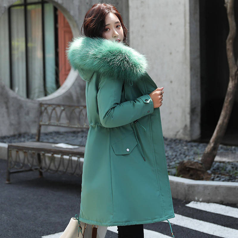 

2021 New Green female winter coat 2xl plus size loosed skin with hood parkas new Korean fashion long thick heat down cotton jacket lj050, Black