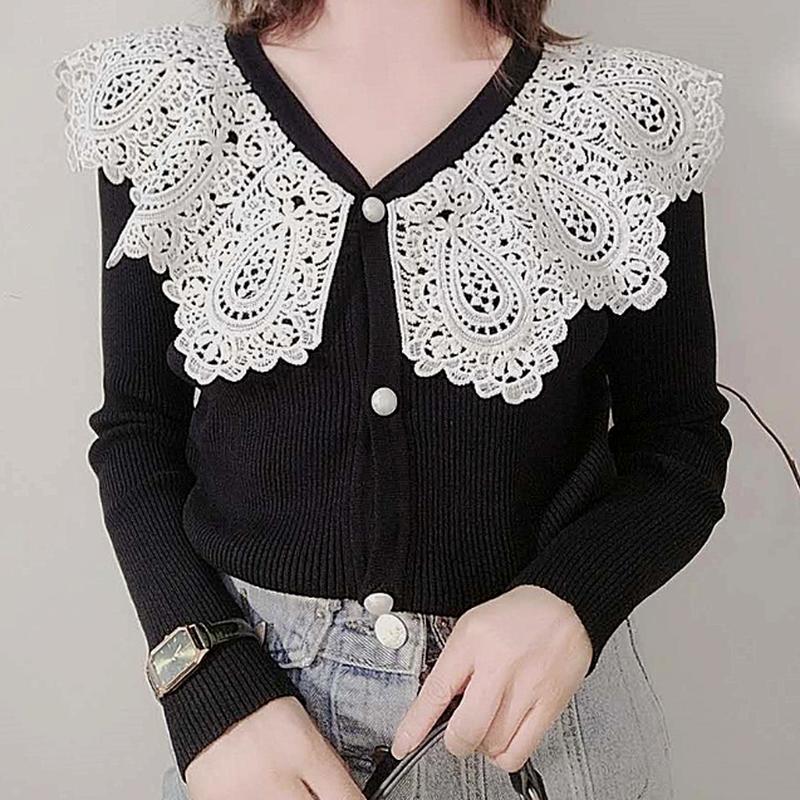 

Pull lady Cardigan button sweater women lace knit shirt blanc dentelle knitting Spring autumn winter jumper vetement femme XXXXL, Black