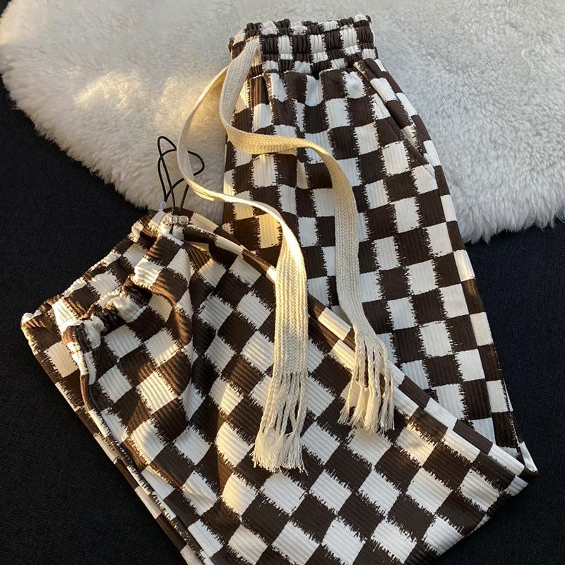 

Men's Pants Plaid Men Fashion 2022 Autumn Wide Leg Pant High Waist Streetwear Loose Casual Straight Trousers, Black