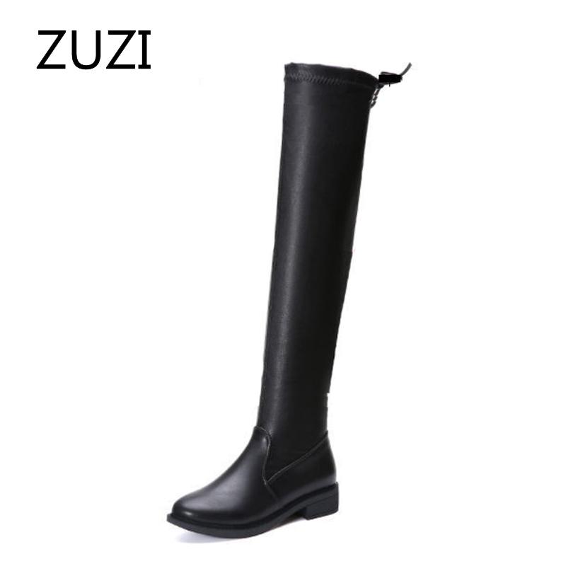 

ZUZI Long Leather Boots Women's Over The Knee Skinny Boots 2020 Autumn and Winter New Long-tube High-heeled Stretch, Black velvet