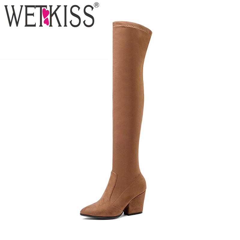 

WETKISS Latest Fashion Stretch Over Knee Boot Women Pointy toe Thick High Heels Shoes Winter Sexy Lady Thigh High Boot Big Size, Red