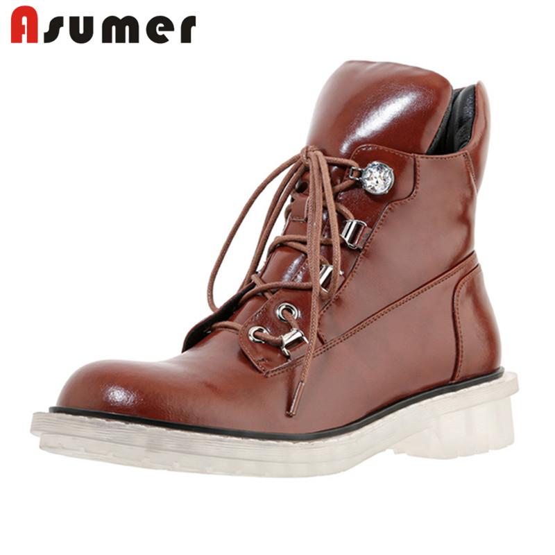 

ASUMER 2020 new arrive ankle boots women genuine leather footwear lace up Metal decoration autumn winter boots woman shoes, Black not fur