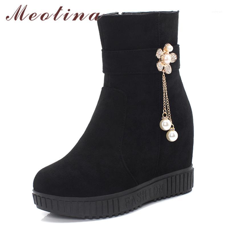 

Meotina Autumn Ankle Boots Women Crystal Height Increasing High Heel Short Boots Pearl Zipper Shoes Ladies Winter Big Size 33-431, Black
