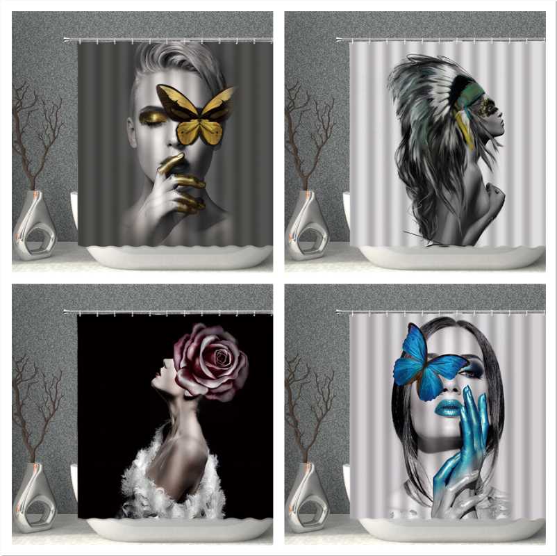 

High Quality Shower Curtain Waterproof Fabric Butterfly Girl Sexy Woman White Black Bath Curtains Bathroom Screen Set Home Decor