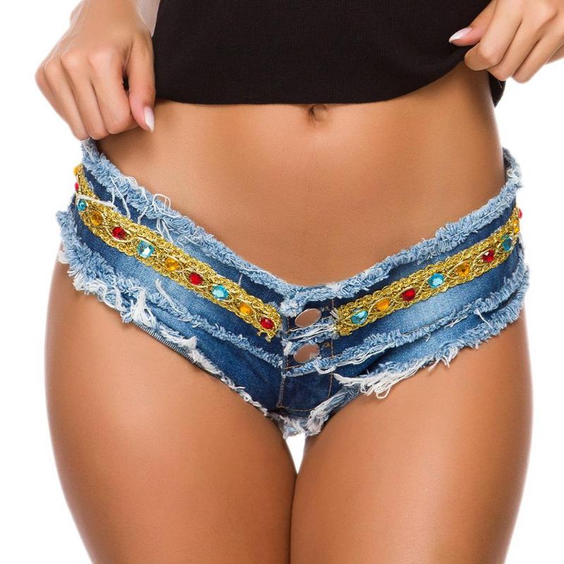 

New Sexy Women Denim Shorts Jeans Diamond Summer Thong Panties Hotpant Pole Dance Club Mini Ripped Shorts Booty Plus Size, Chain shorts