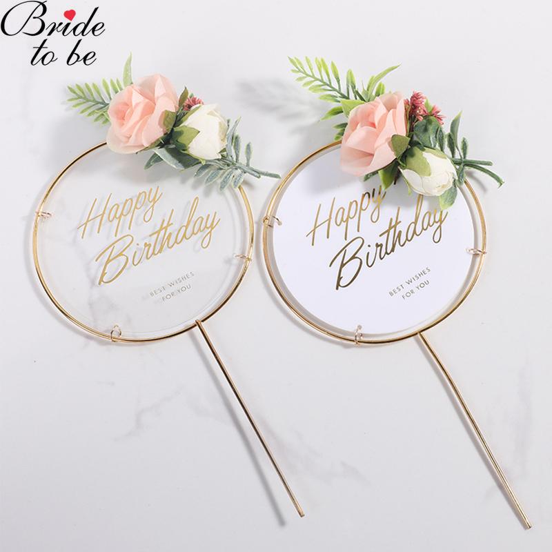 

12 PCS Cake Topper Decoration for Birthday Party Forest Flowers Happy Birthday Golden Floral Acrylic Baby Shower Baking Supplies
