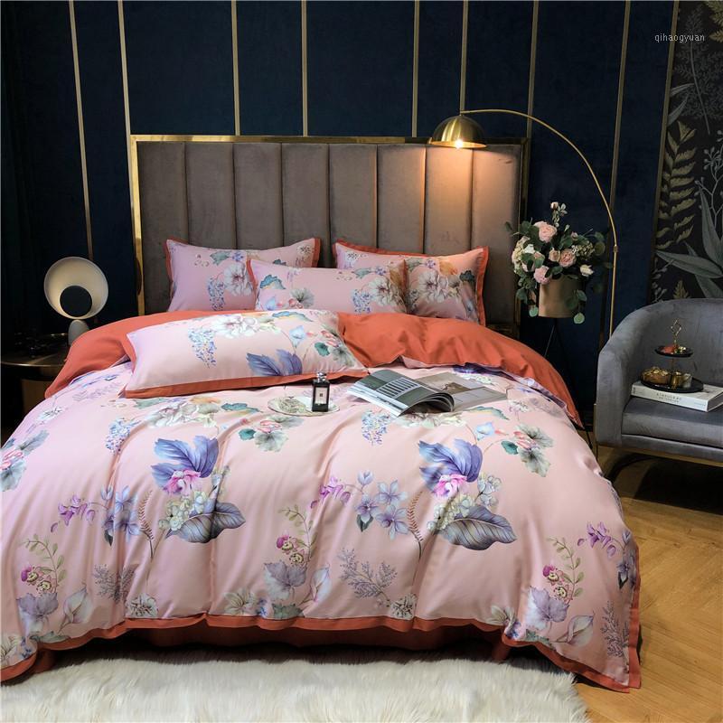 

Pink Egyptian cotton bedsheet flower pastoral princess duvet cover girls bed linen flat sheets queen king size hometexitle1, As pic