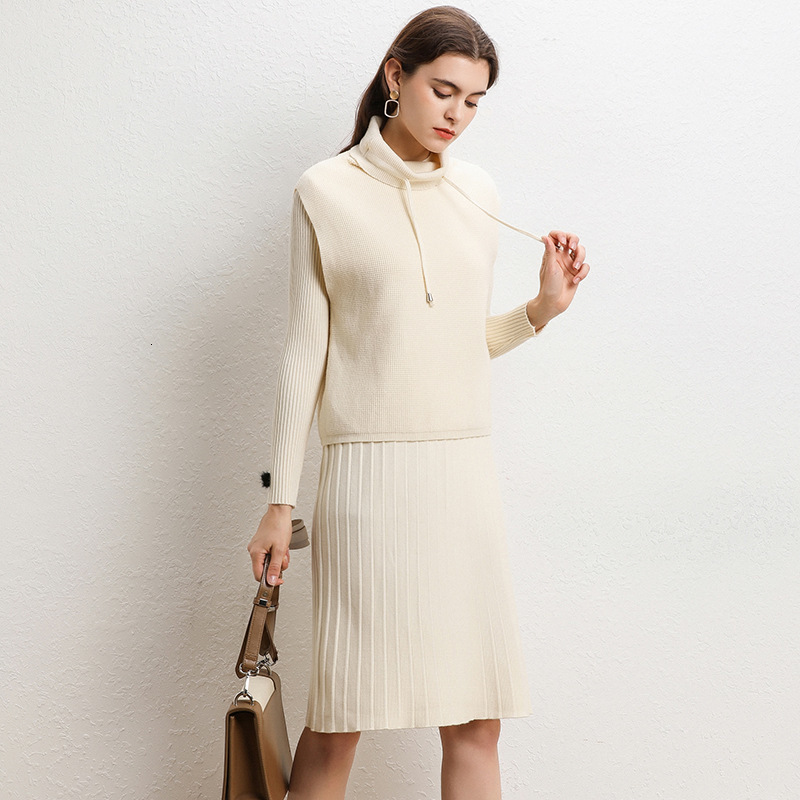 

2021 New Female 2nd Piece Solid Collar Vest Neck Full Length Sleeves at Knee Height Dressed Lady Elegant Office Defines Autumn VVEN, Black