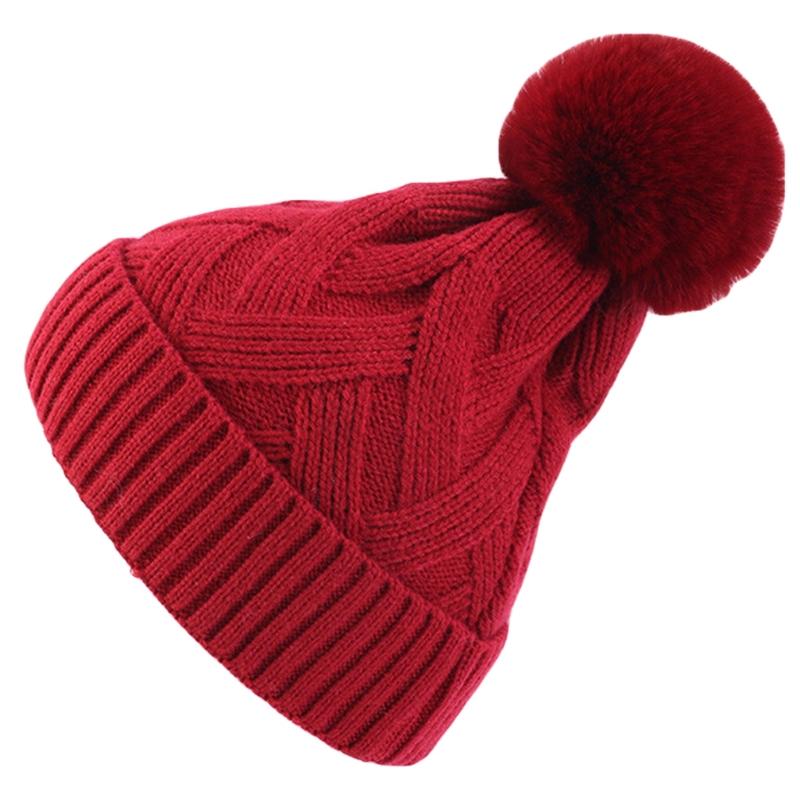 

Women Winter Cross Striped Crochet Knitted Beanie Hat Solid Color Cute Pom Pom Ball Stretchy Snow Ski Cuffed Skull Cap, Pk