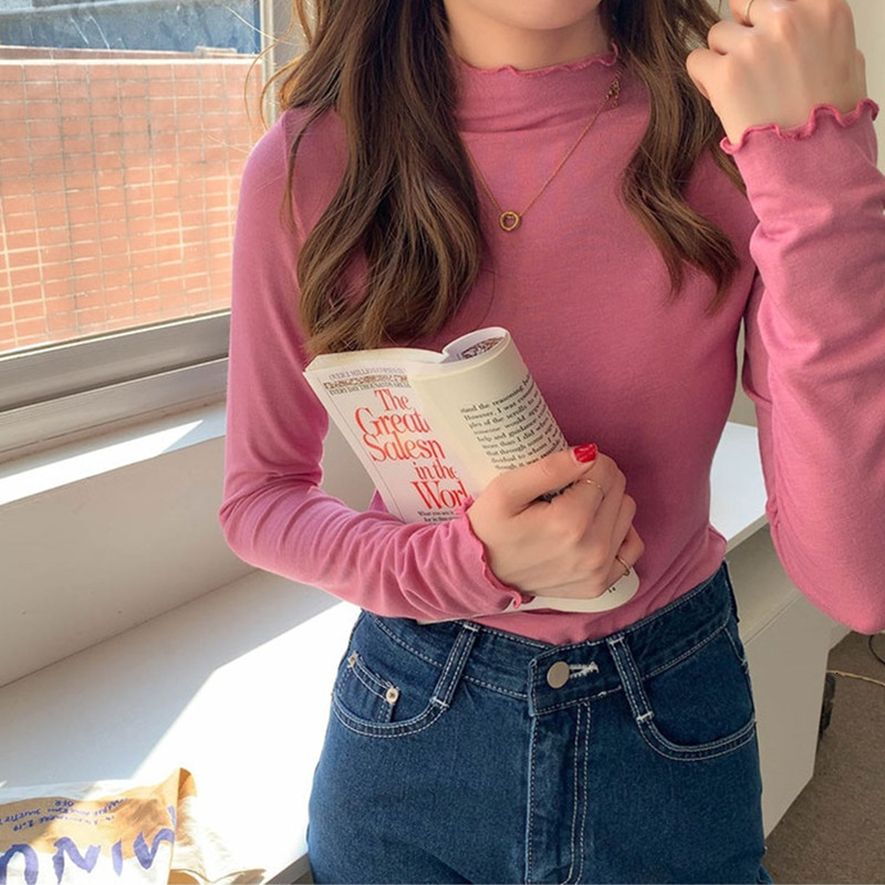 

2021 New 7 colours Autumn of women thin tops cropped color long sleeve shirt women's shirts (x1669 6CC8, Half turtle.