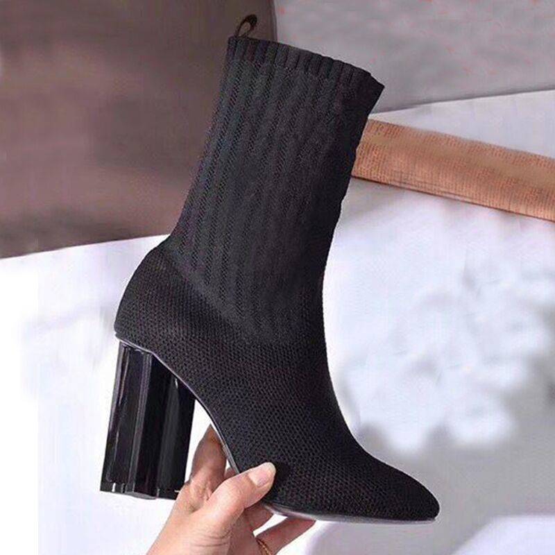 

autumn winter socks heeled heel boots fashion sexy Knitted elastic boot designer Alphabetic women shoes lady Letter Thick high heels Large size 35-42 us5-us11 With box, Style 1