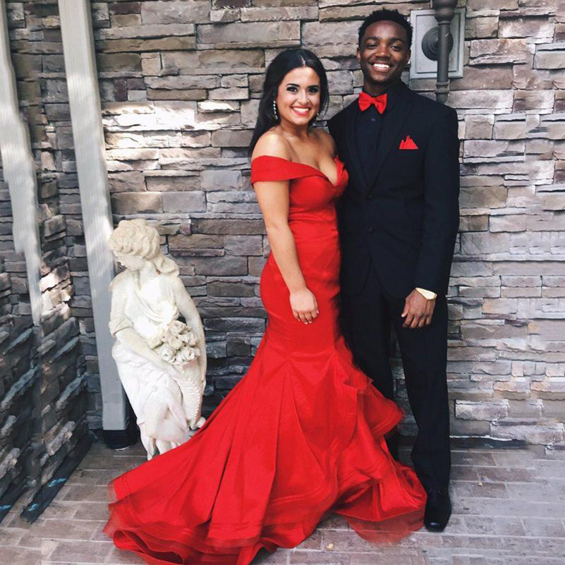 

Off Shoulder Red Long Mermaid Prom Dresses Cap Sleeves Sweep Train Tiered Skirts Tulle Satin Formal Evening Party Gowns, Same as picture