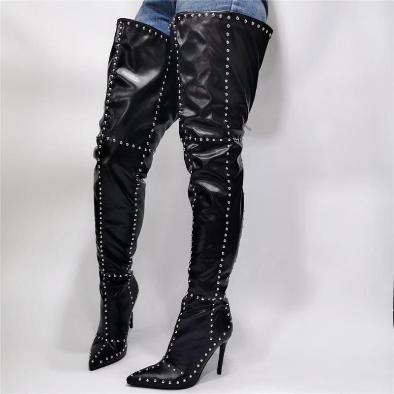 

Female Botas Overknee Long Stiletto Leather Thigh High Crotch Dance Boots Rivets Sexy Ladies High Heel Runway Trendy Shoe Woman, As picture