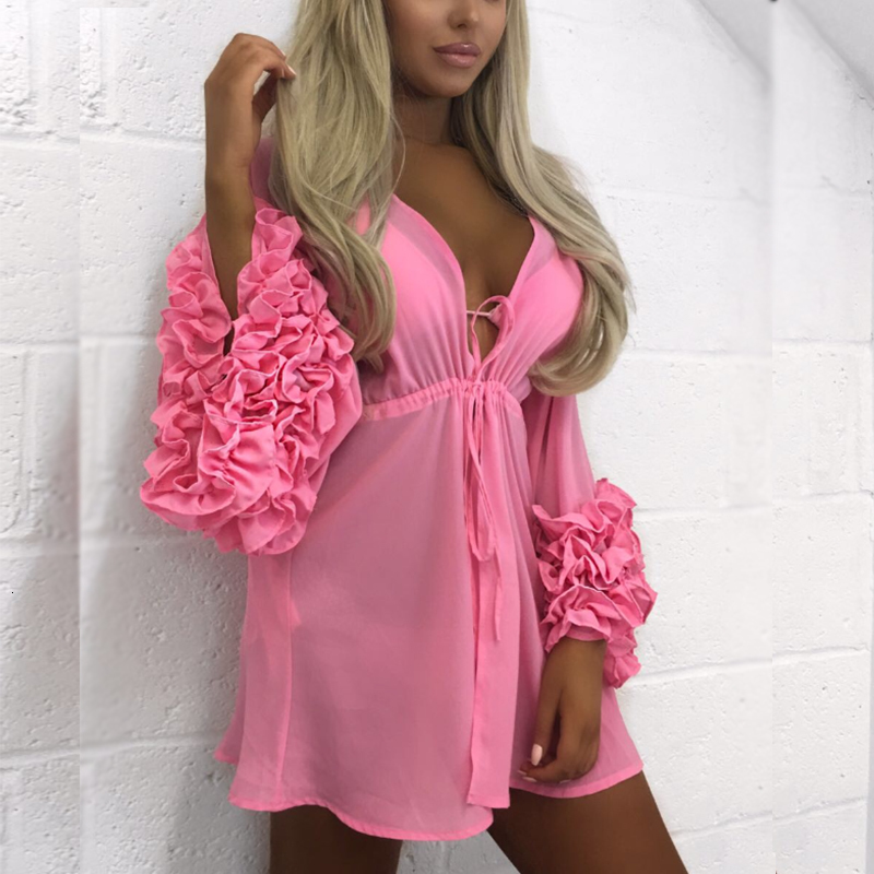 

Sexy Women Bikini Cover Up Swimwear Long Sleeve Summer Chiffon Beach Floral Ruffles V Neck Blouse Fashion Women Clothes Red S-XL, White