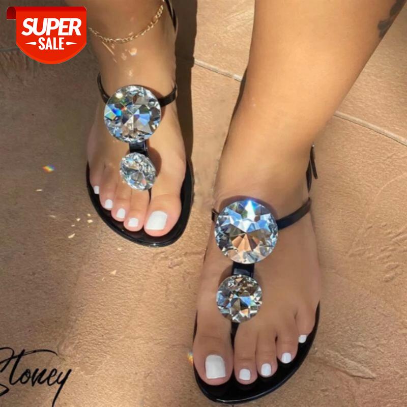 

HKXN Women Flat Sandals Casual Rhinestone Diamond Strap T Comfortable Beach Holiday Shoes Flip Flops 2020 New Summer Sandlas T #JK7h, Black