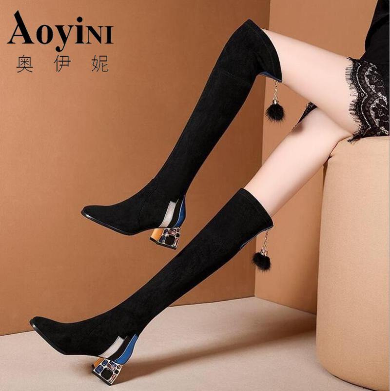 

Stretch Boots Woman Fashion Knee High Boot Women Slim Autumn/Winter Shoes Rhinestone Block HeeL Slip-on Female Footware BLACK, Blue