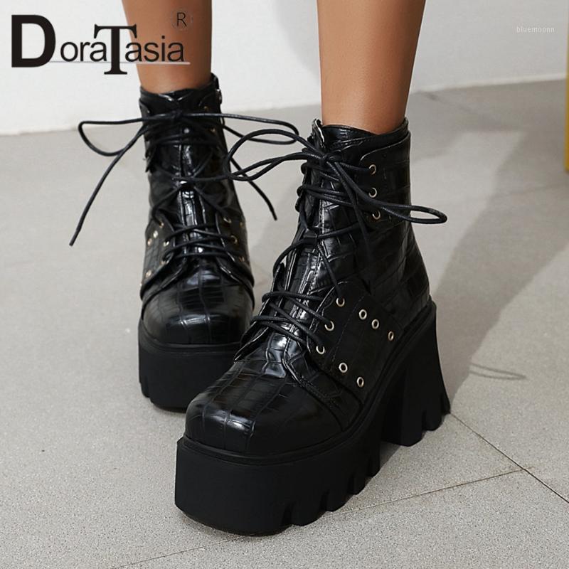 

DORATASIA New Arrival Cool Street Fretwork Boots 2020 Fashion High Strange Heels Boots Women High Platform Ankle Shoes Woman1, Black style 2