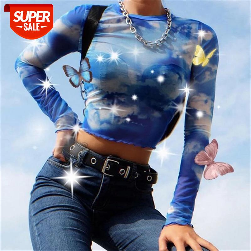 

New Hot Womens Sexy Crop Top Printed Mesh See-through Long-Sleeved T-shirt Slim Tops Clubwear Tee Shirt Summer #ER7W, White