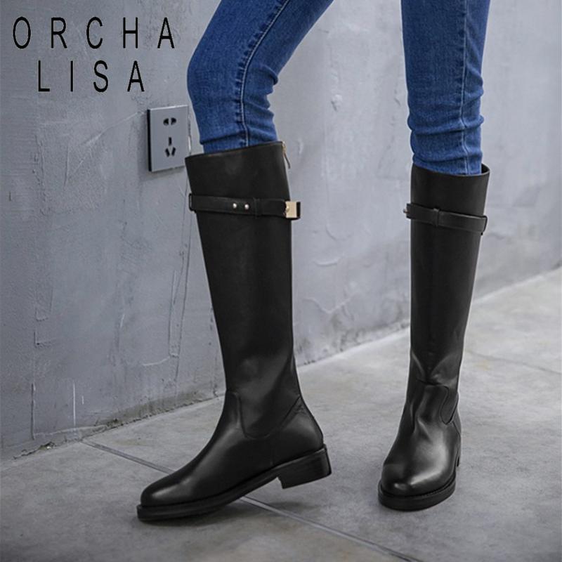

ORCHA LISA Mid-calf Boots for Women Round Toe Thick Heel Zipper Solid Genuine Leather Metal Big Size 40-43 Ridding boots, Black
