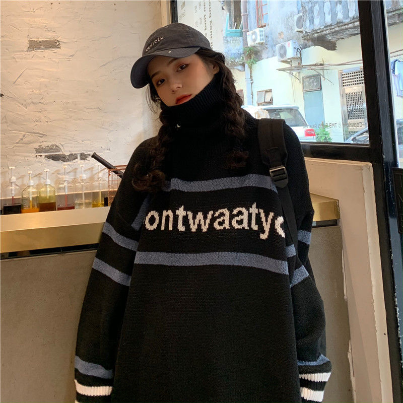 

2021 Winter the New High-neck Nightgown Female Students Loose Lazying Wind Thick Letter Knitted Jacket Tide QD44, Black