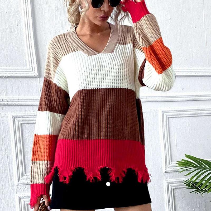 

2021 New Style Women' Sweater Ladies Fringed Long Sleeve V-neck Top Clothing Autumn Loose Warm Sweaters Knitted, As pic