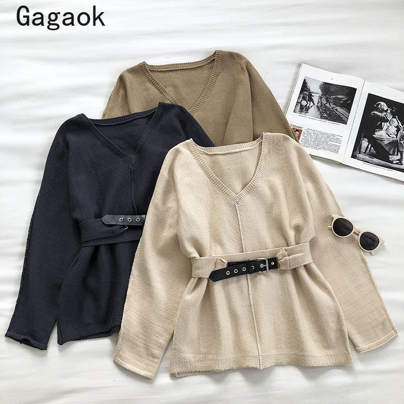 

Gagaok Office Lady Fashion Knit Sweaters Women Spring Autumn New V-Neck Sashes Full Chic Wild Simple Korean Pullovers K3961 201130, Black