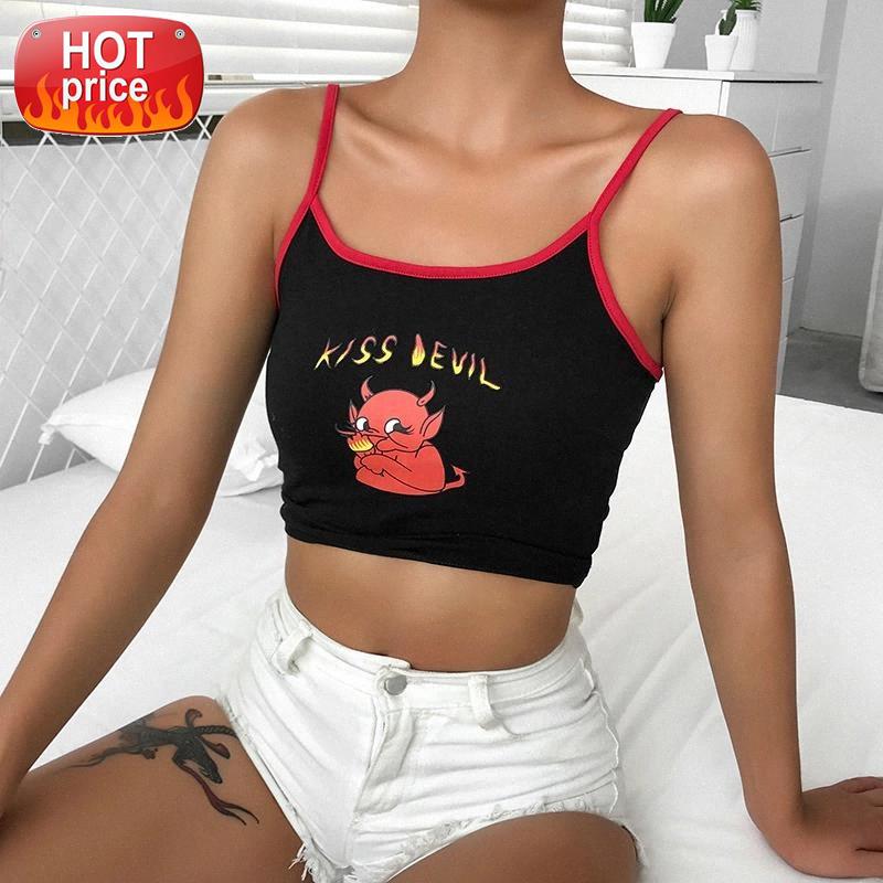 

Fashion Women Summer Backless Slim Camisole Top Streetwear Tops Ladies Sexy Demon Print Spaghetti straps Patchwork Crop Top #p38E, White