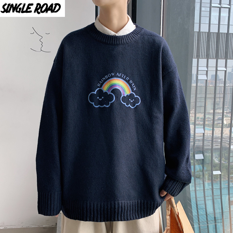 

SingleRoad Mens Knitted Sweater Men Winter Printed Rainbow Harajuku Jumper Korean Style Oversized Pullover Navy Sweater Men 201201, Purple sweater men