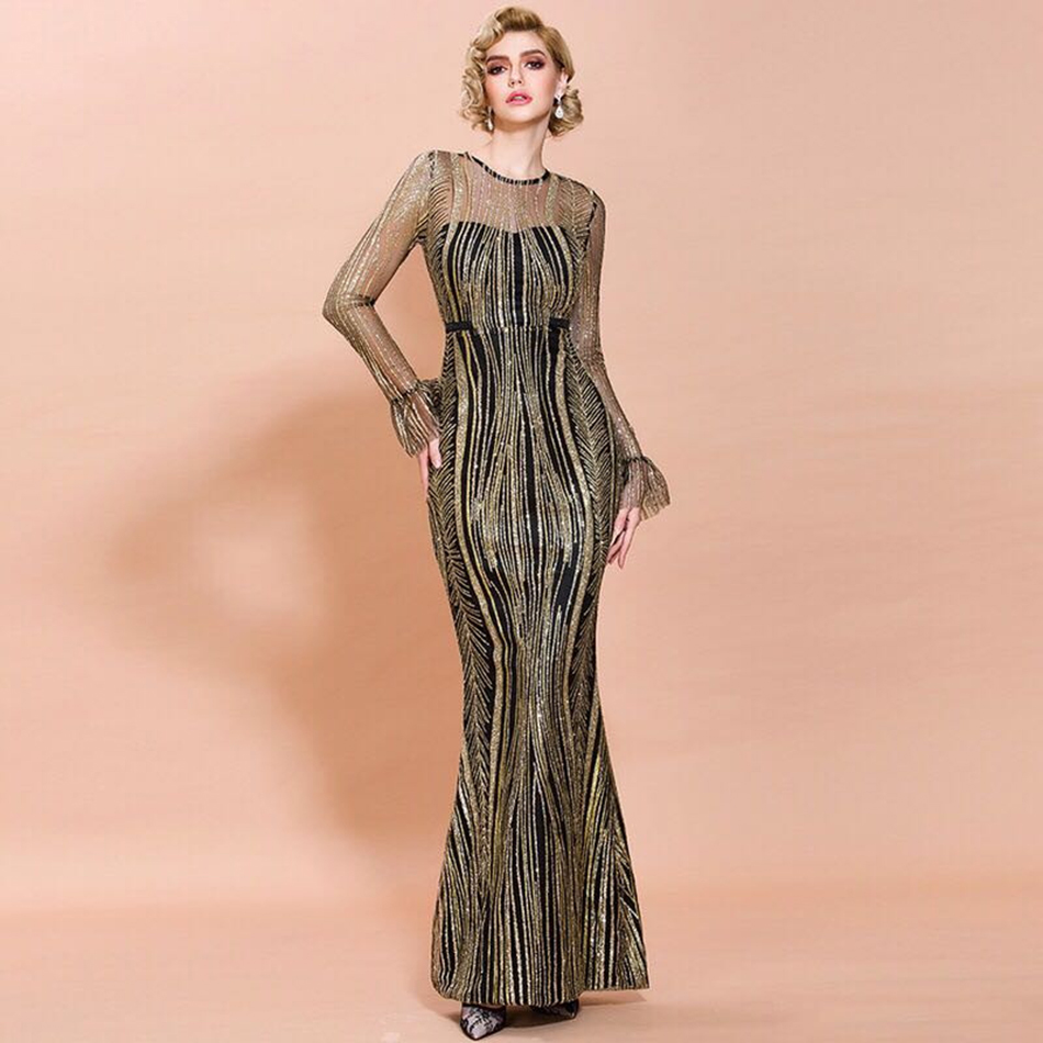 

Sexy High Quality New Women Mesh Long Sleeve Around Neck Glitter Tight Sequins Dress Up Fashion Bandage Dressed As Night Tda0, Photo color