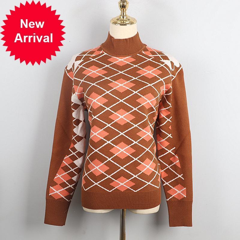 

Outono 2021 New Inverno Retro Diamante Xadrez Suteres Suave Chique Feminino Pullovers Gola Alta Manga Longa Malha Jumper Y4DM, Beige
