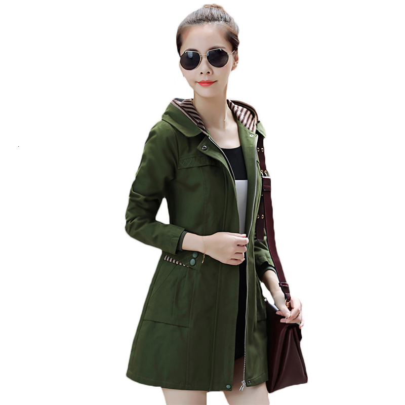 

2020 New Style Windbreaker Coats Spring Autumn Women's Hooded Coat Korean Slim Long Trench Coats Plus Size Overcoats A307, Khaki