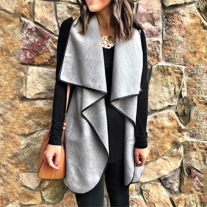 

Gray Sleeveless Lapel Irregular Hem Cardigan Vests Women 2020 Autumn Winter Casual Outerwear Waistcoats Female Open Stitch Coats, 101331-gray