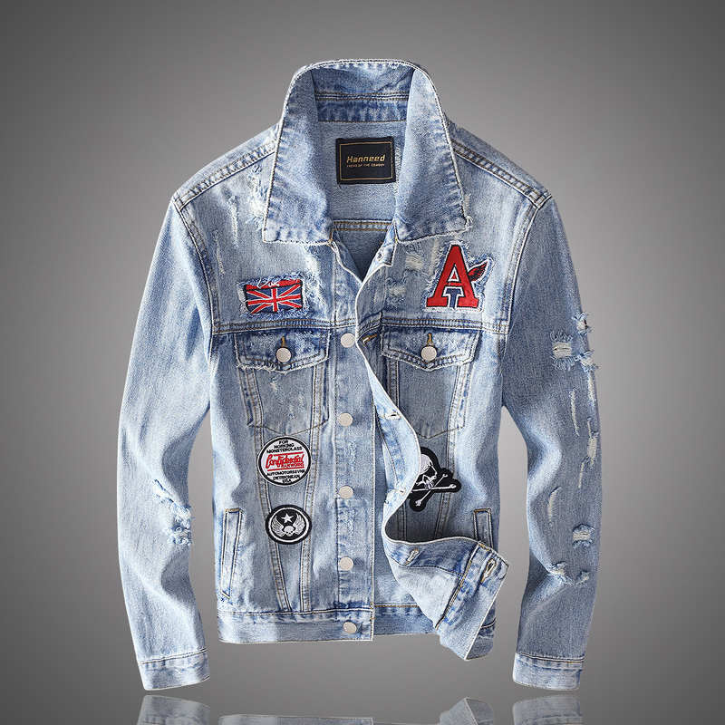 

2021 New Streetwear Fashion High-quality Men's Jacket Blue Light Patches Torn Designer Denim Hip Jackets Hombre Chaqueta Ry69, Light blue retro