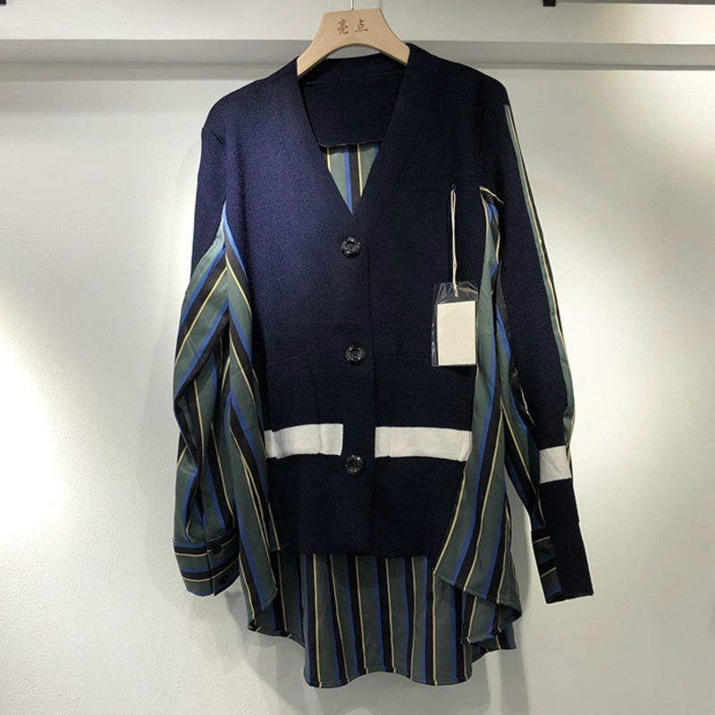 

[EWQ] Autumn New Women Fake Two-piece Cardigan Coat Knitted Stitching Striped Shirt Top Large Size Sweater Irregular Hem 201203, Black