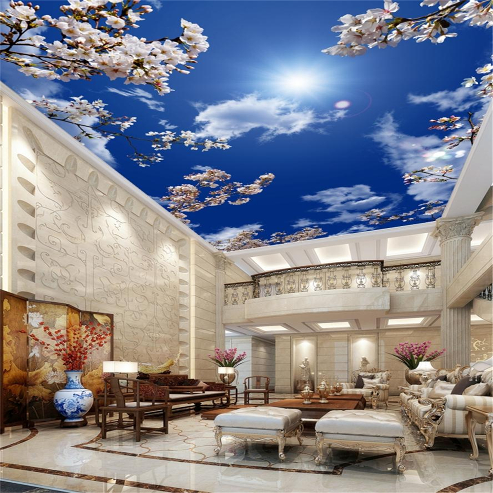 Customized 3d large wallpaper beautiful cherry blossom blue sky white cloud ceiling mural living room-image-756701859