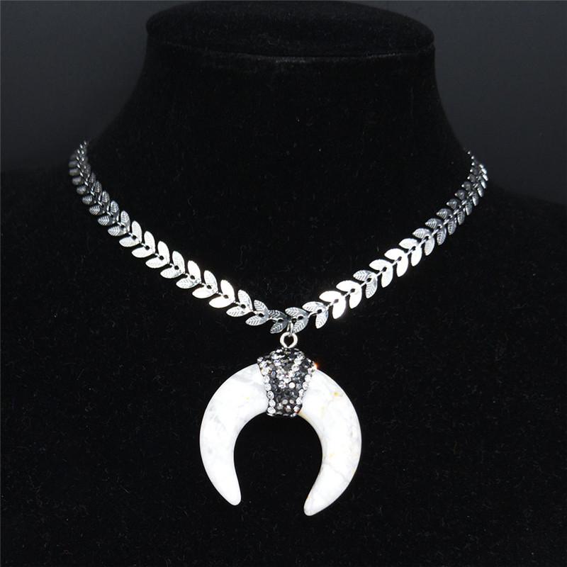 

AFAWA 2020 Horns Natural Stone Stainless Steel Bohemian Neckless Women White Boho Jewelry gargantillas cortas mujer moda NB22S04