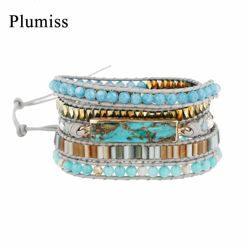 

Rectangle Copper Turquoises Wrap Bracelet for Women Geometric Natural Stone Healing Crystal Aquamarines Boho Bracelets Jewelry