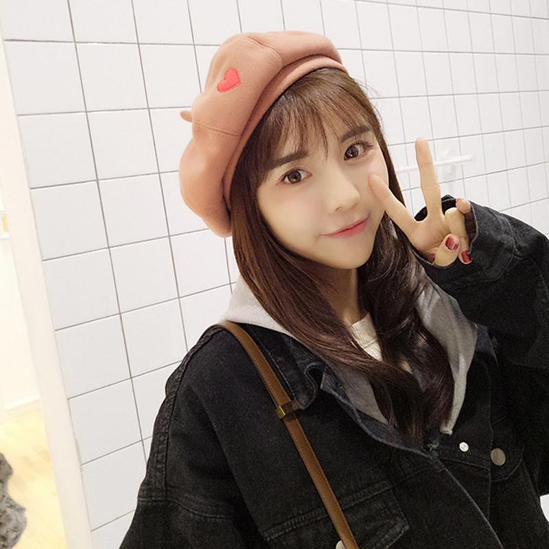 

2020 Autumn Winter Fashion Sweet Women Hats With Heart Pattern Solid Black Pink Brief Wild Female Berets