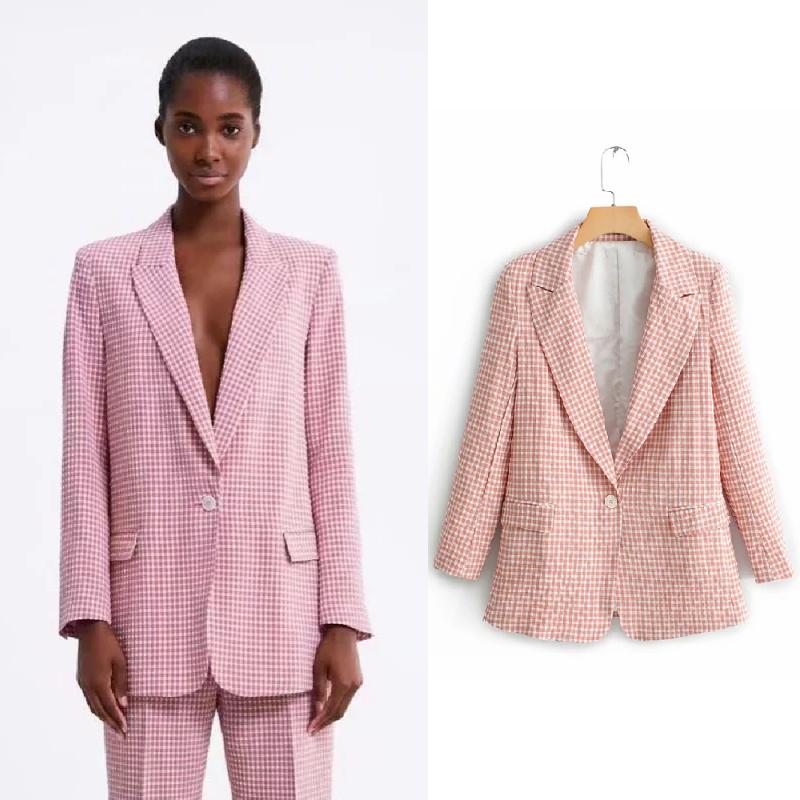 

Female 2020 Business Jacket Suit Top Outerwear Classic Pink Plaid Chic women clothing ladies Coat blazers Long Sleeve Collar