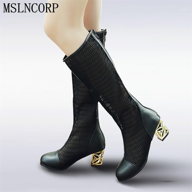 

plus size 34-46 Women Spring Summer Bud Silk Zip Knee High Boots Hollow Cut Outs Crystal Thick Heel High Heels Round Toe Shoes1, As photo