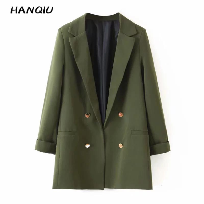 

2020 Double breasted blazer women blazers and jackets coat korean clothes office casual long sleeve blazer feminino streetwear, Army green
