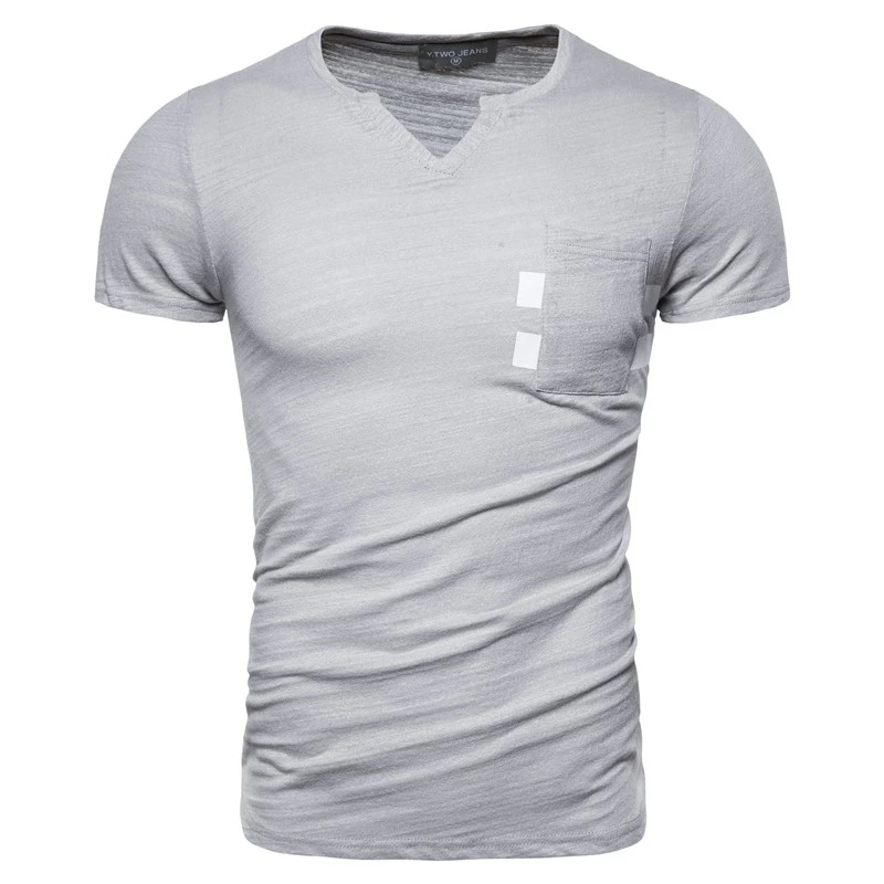 

2020 New Summer 100% Cotton V-neck T-shirt Men Casual Design Pocket Men T Shirt High-quality Tops Tees Streetwear Shirt Men, Gray